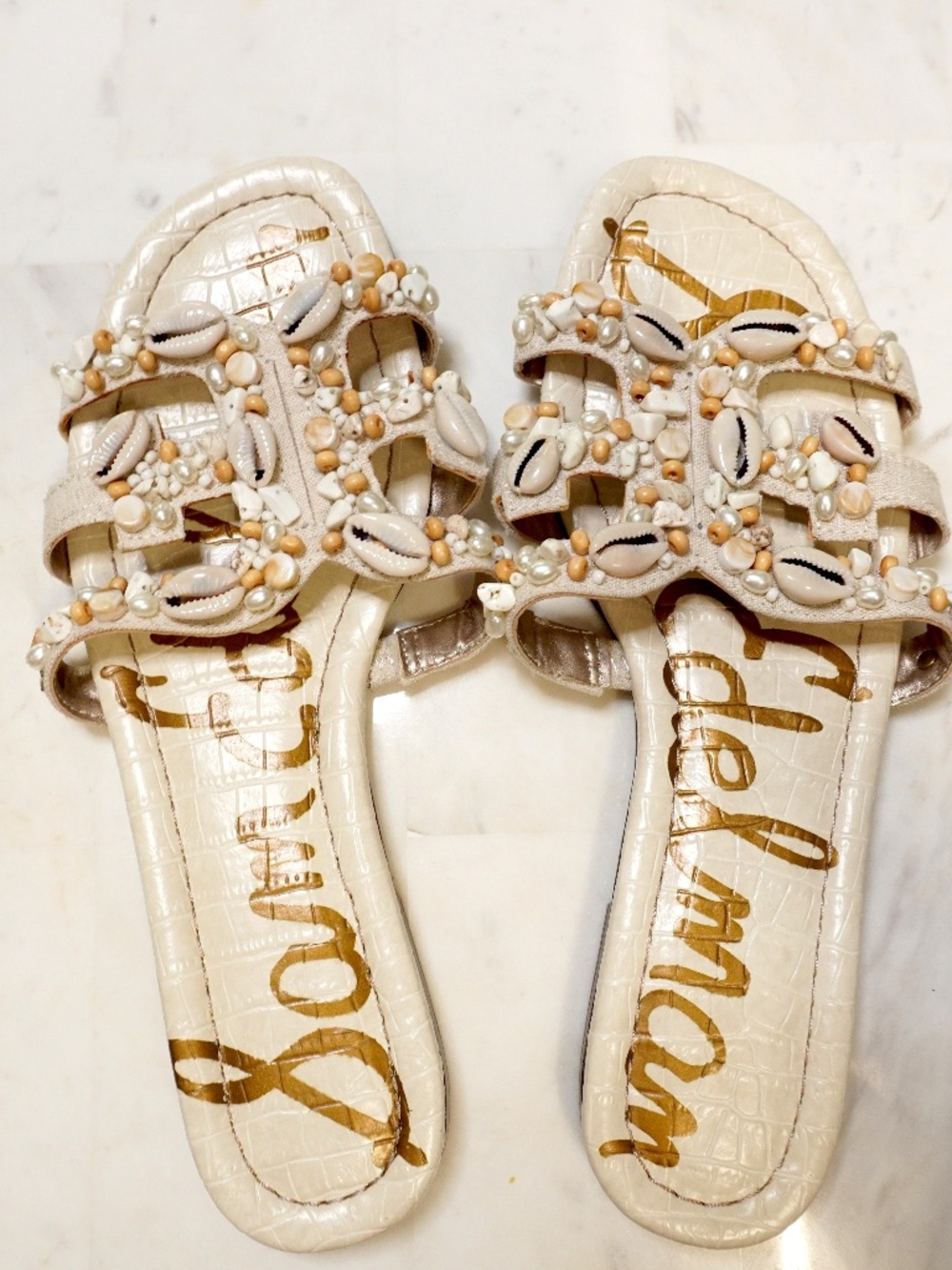 Sam Edelman Women's Bay Tide Slide Sandals featuring shell embellishment